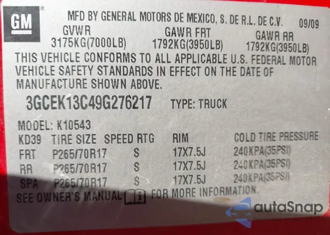 2009 Chevrolet Silverado 1500 Ls z USA, uszkodzony, nr VIN 3GCEK13C49G276217